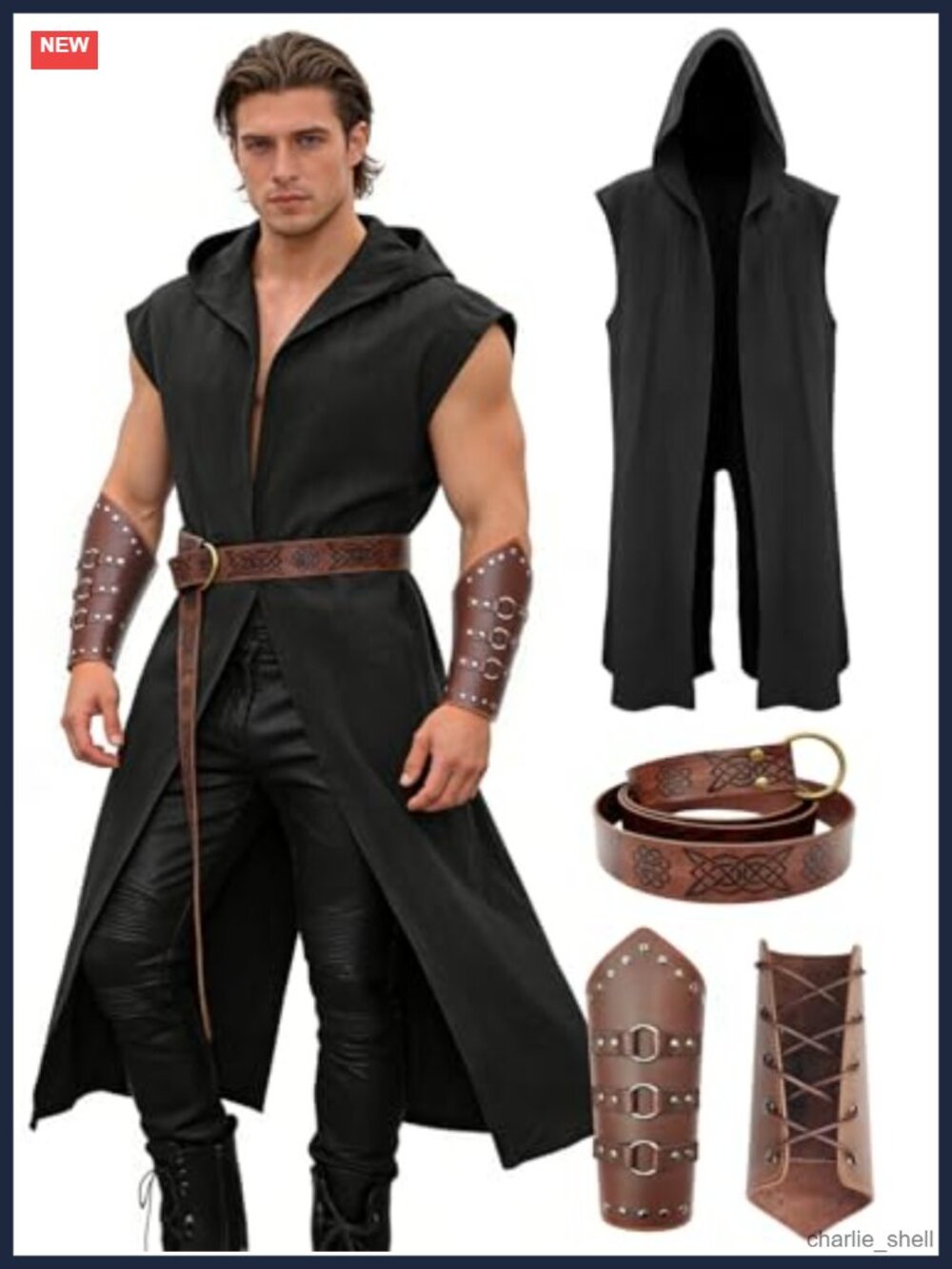 3-Piece Medieval Renaissance Costume Set Hooded Surcoat Leather Belt Bracers